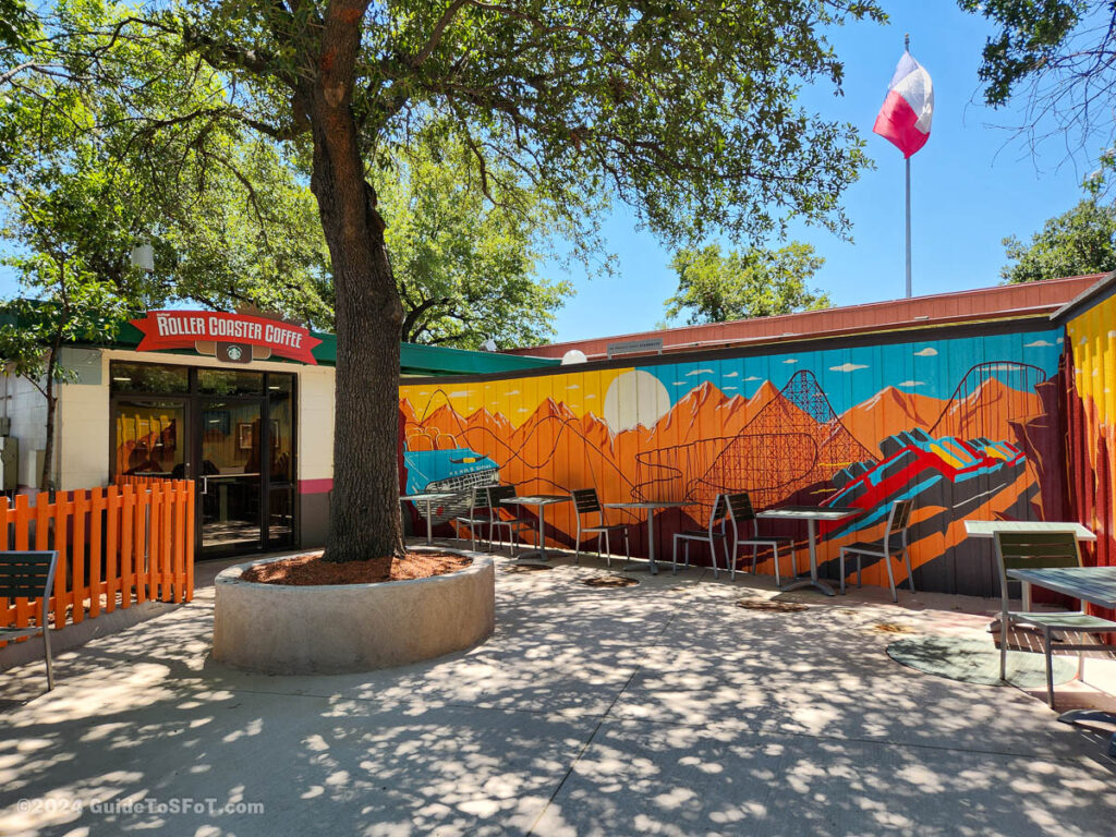 A nice custom mural and heavily-shaded seating area for Roller Coaster Coffee