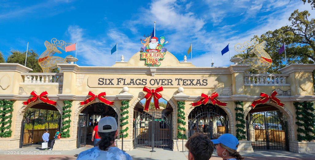 Holiday in the Park decorations adorn the entrance