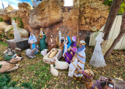 A nativity scene is installed near the Roaring Rapids entrance