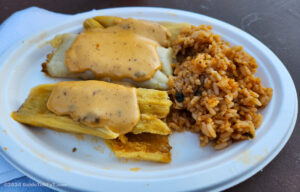 The tamale plate from Macho Nacho is 3 tamales and a side of Mexican rice