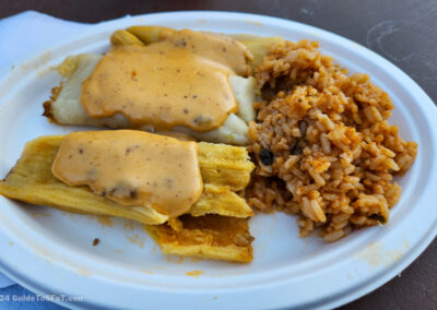 The tamale plate from Macho Nacho is 3 tamales and a side of Mexican rice