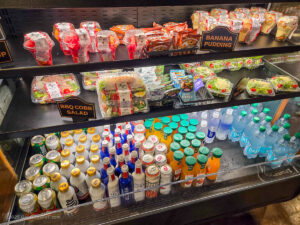 Beverages, salads, fruit cups, and banana pudding
