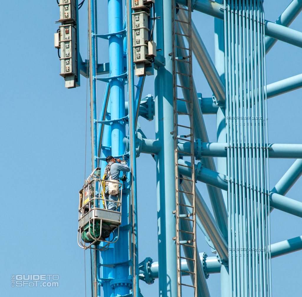 Maintenance works on Mr. Freeze's spike during the 2026 opening day