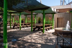 The seating area tucked away behind Texas Corn Dogs