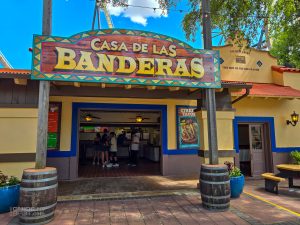 The exterior of Casa de las Banderas at Six Flags Over Texas