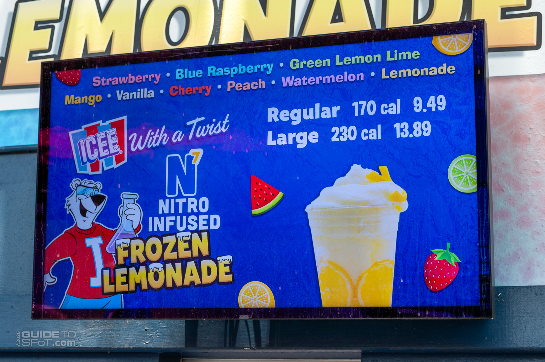 ICEE Nitro Frozen Lemonade menu at Six Flags Over Texas