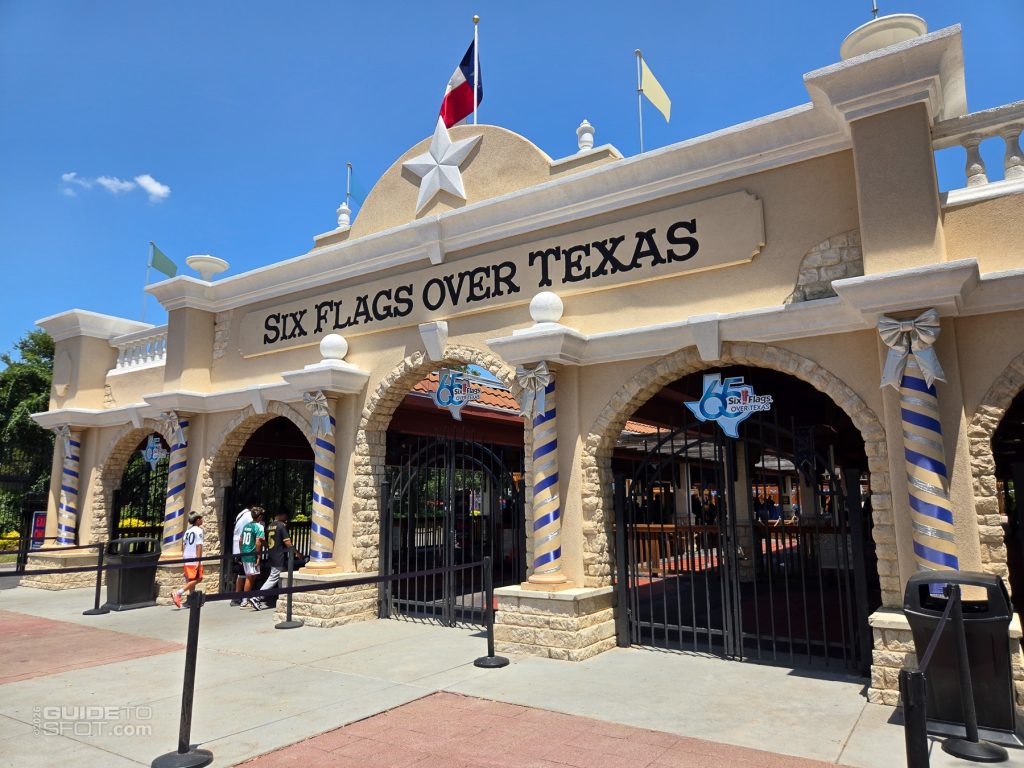 Six Flags Over Texas front entrance with 65th anniversary decor
