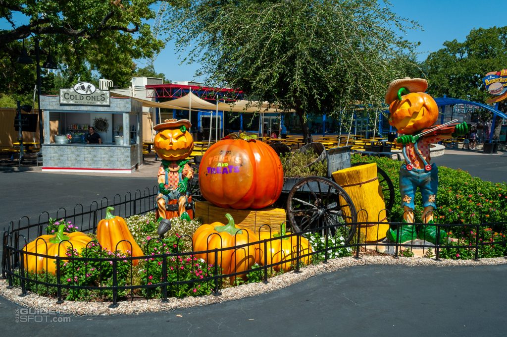 Decor for the Tricks and Treats event including pumpkin scarecrows